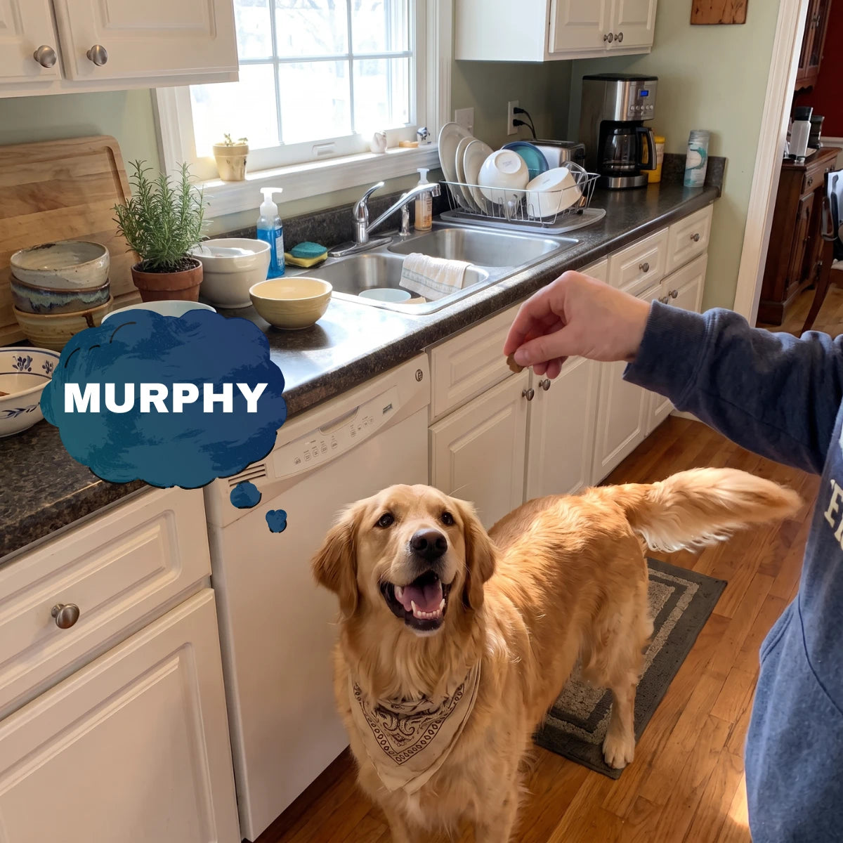 Murphy the golden retriever in the kitchen