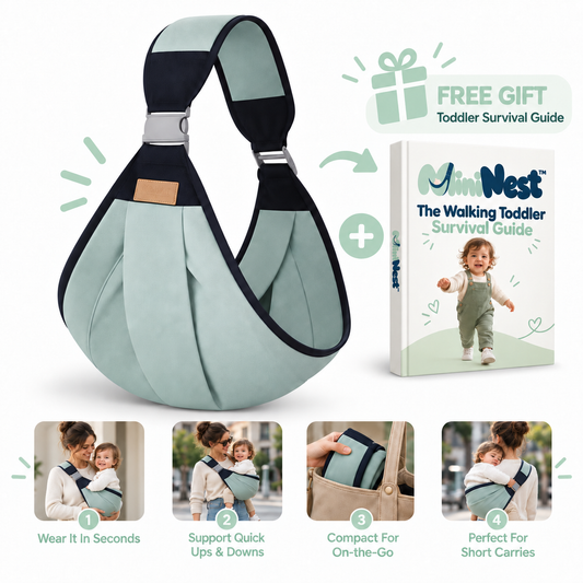 MiniNest toddler carrier with free Walking Toddler Survival Guide ebook and 4 usage photos