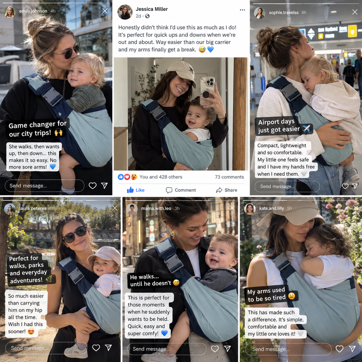 Parents using the MiniNest carrier on city walks, airport days and park outings