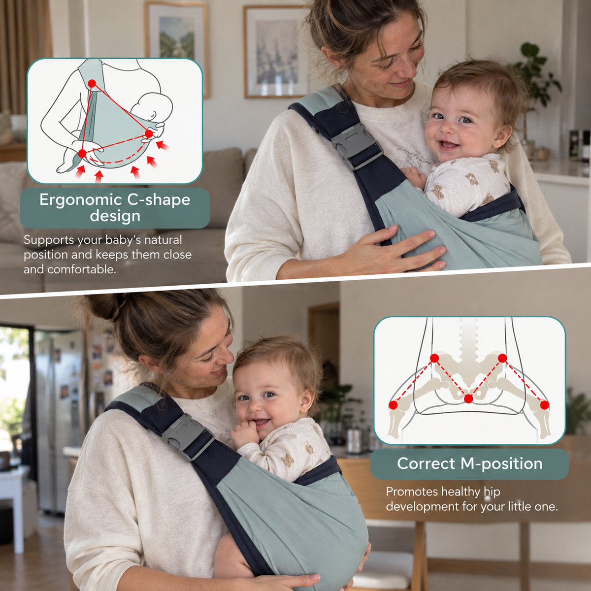 MiniNest ergonomic C-shape design and correct M-position hip support