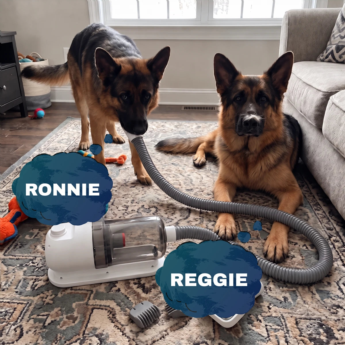 Ronnie and Reggie, two German shepherds, next to the Leepwa™